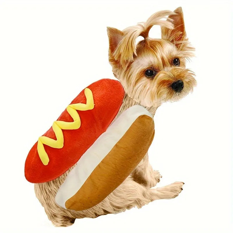 A dog or cat wearing a stuffed brown hot dog costume with bun detail for party cosplay.