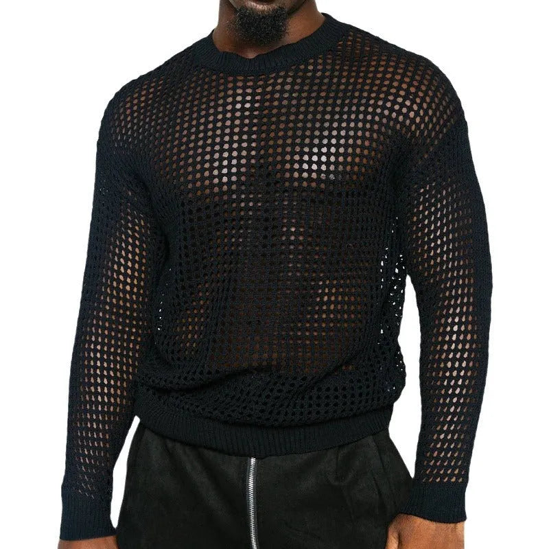 Black thin acrylic round neck loose fit pullover sweater on model