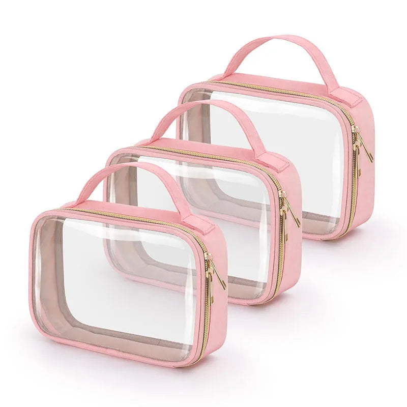 Clear PVC cosmetic wash bag with chain handle showing lipsticks inside, in leopard print colour.