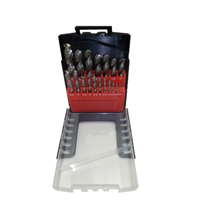 19-piece set of titanium-coated twist drill bits in an iron storage box