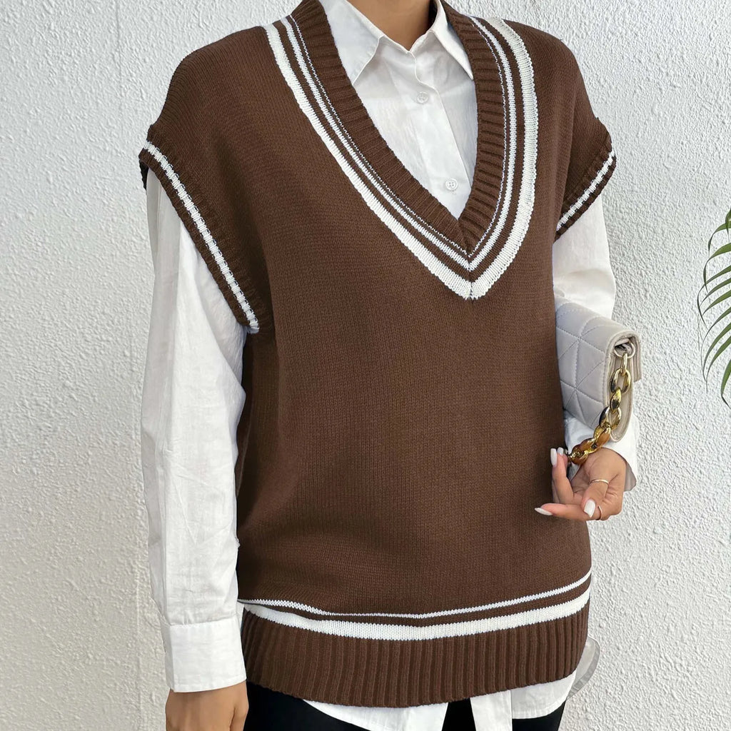 Women's loose-fit college-style pullover vest jumper in black, blue, or coffee colour.