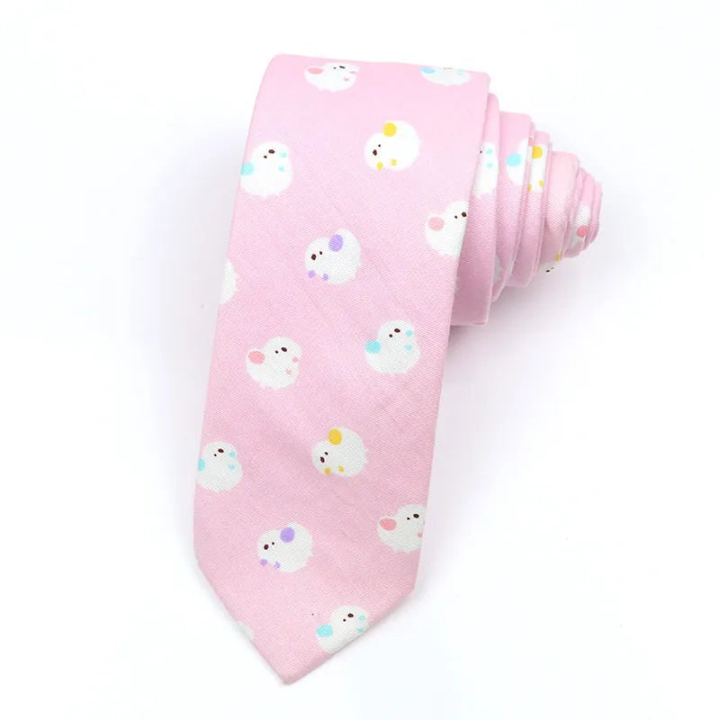 Men's narrow cotton bow tie in a cartoon print with an adjustable knot, shown in a selection of colours.