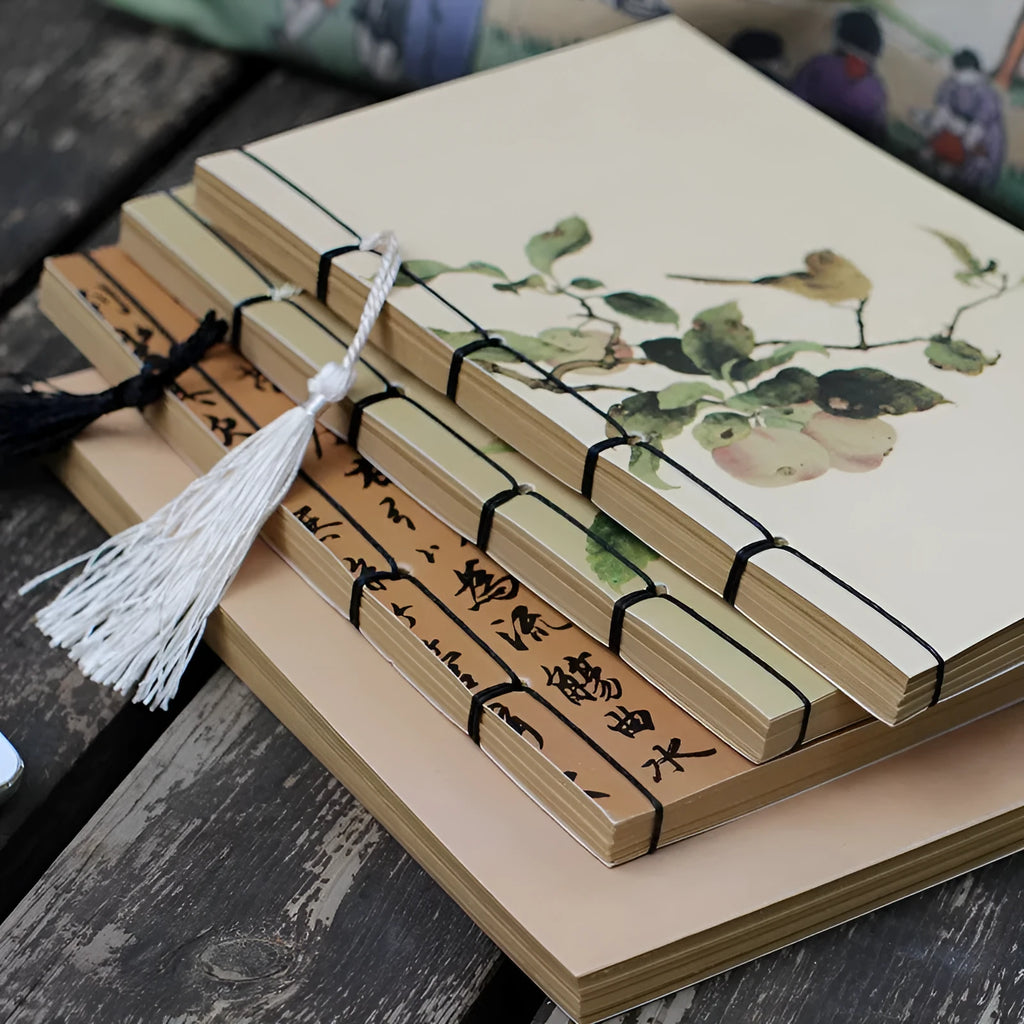 A5 antique wire-bound notebook with retro painting cover, wax rope binding, and tassels