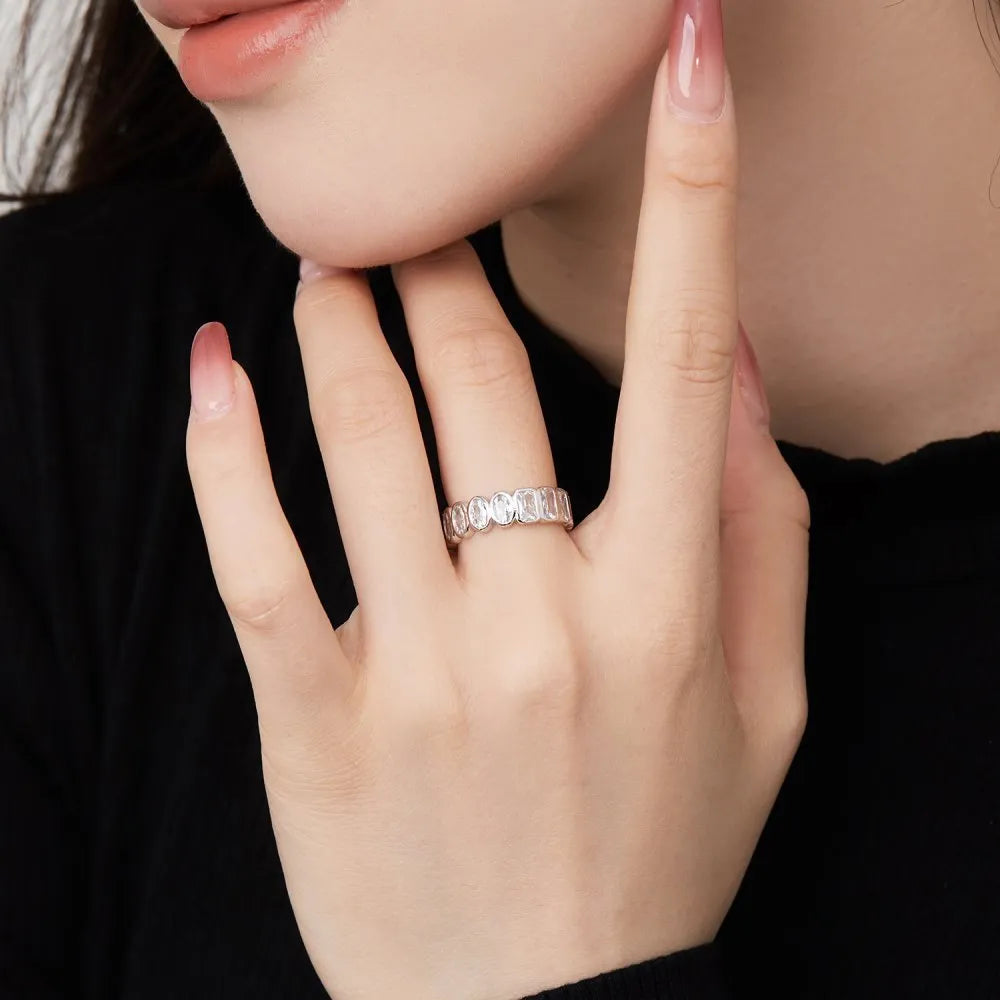 S925 sterling silver geometric stackable ring with full diamond oval and rectangular pattern on white background