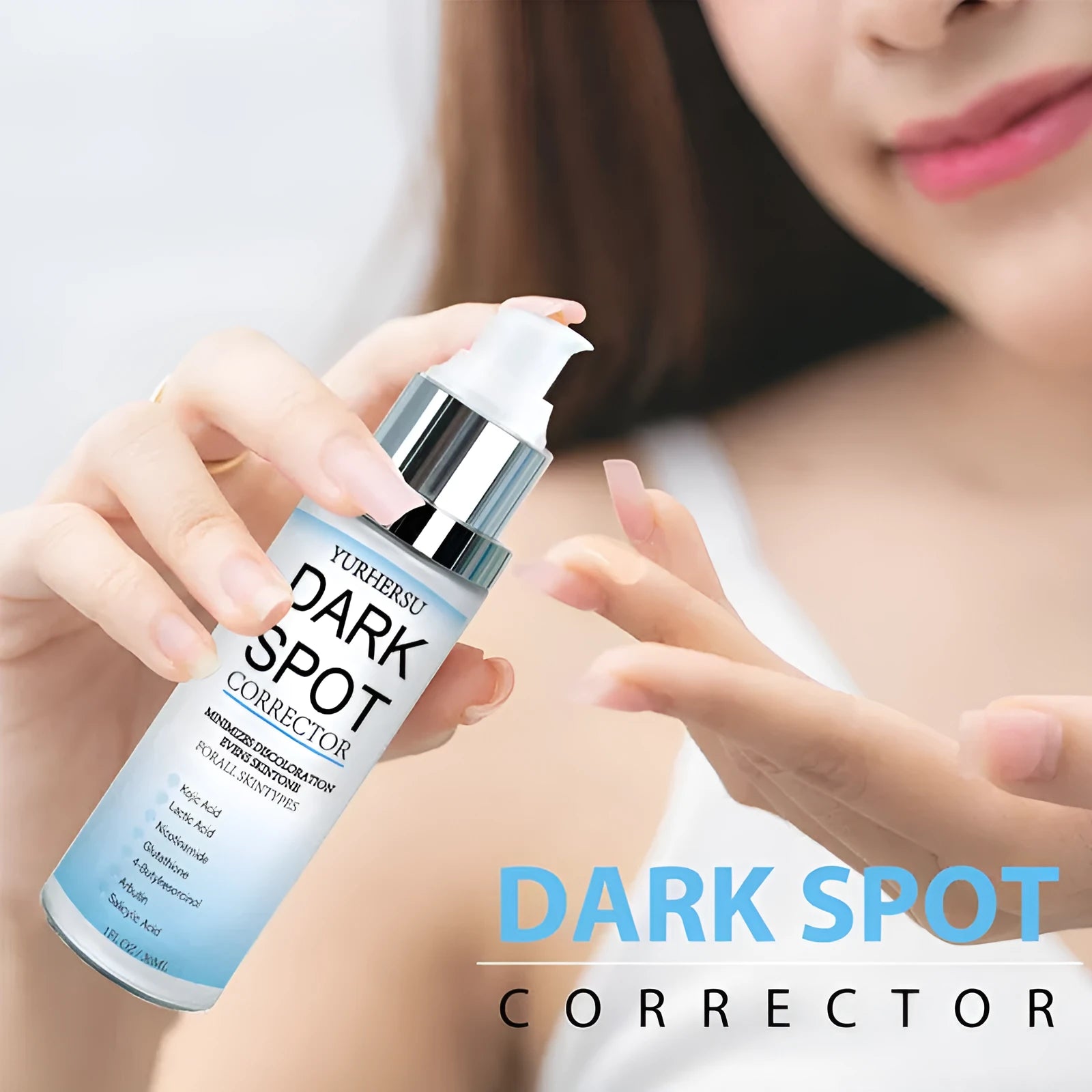Bottle of spot lightening essence for brightening, moisturising, and tightening skin.