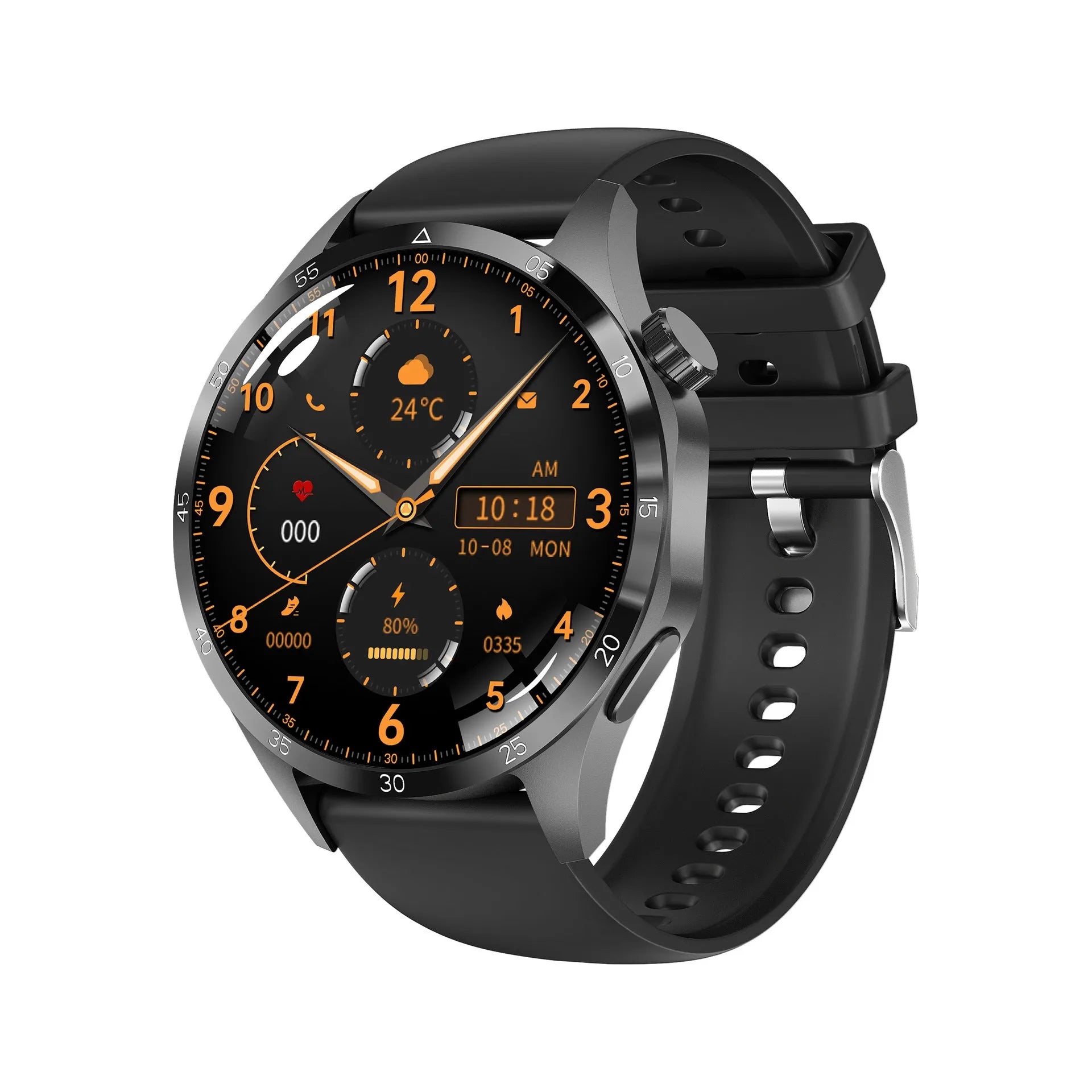 Black smartwatch with Bluetooth calling and health monitoring functions on silicone or Milan mesh strap