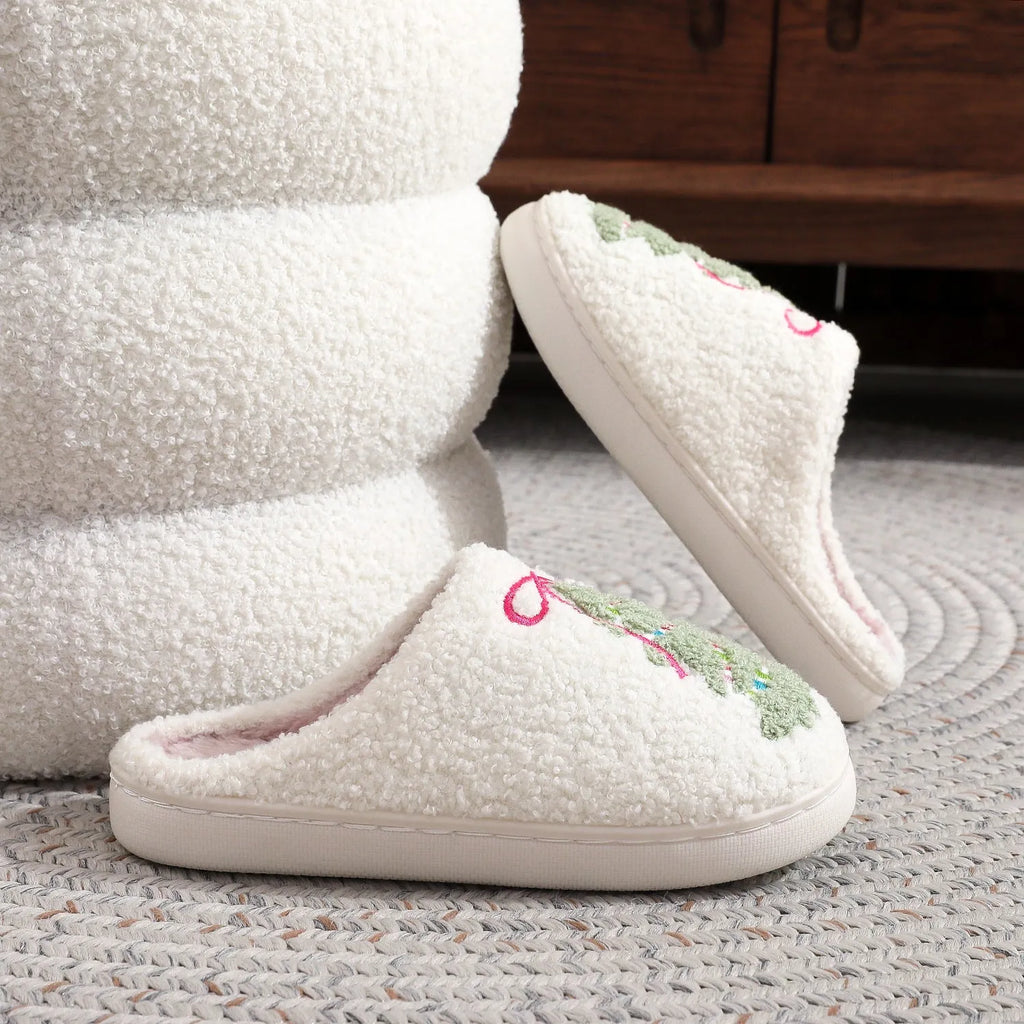 Fashion bowknot Christmas tree cotton slippers plush thickening round head for men women