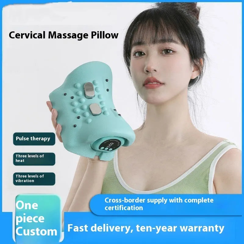 Blue-green portable cervical spine massage pillow showing compact dimensions
