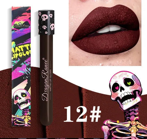 Halloween creative makeup lip gloss in skull-shaped test tube with retro matte gold and silver shades.