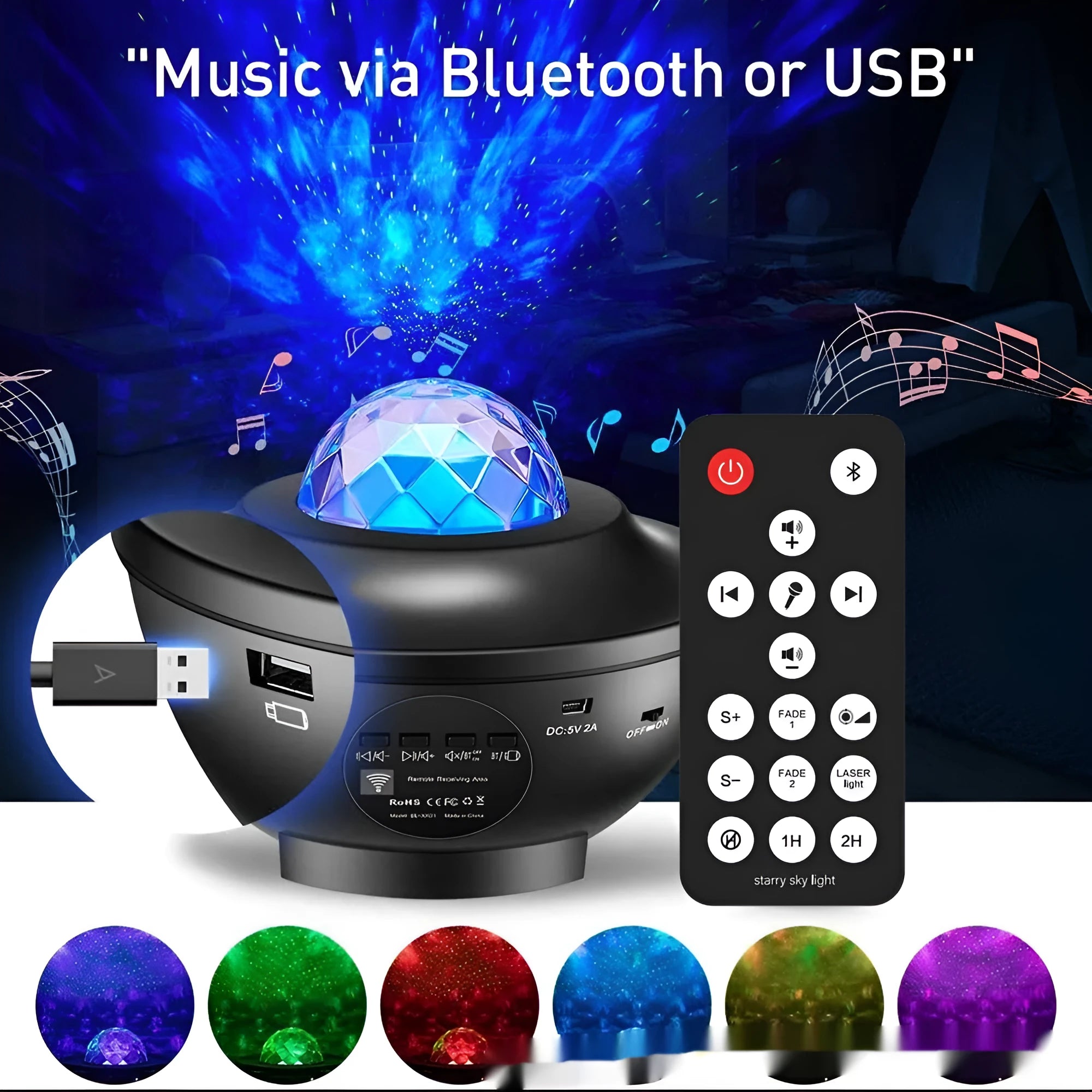 Black parallel starry sky projection lamp with USB cable and remote control on desktop