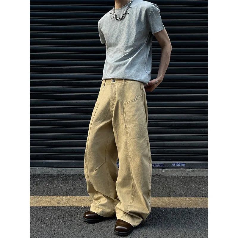 Men's khaki straight-leg cotton trousers with American retro styling