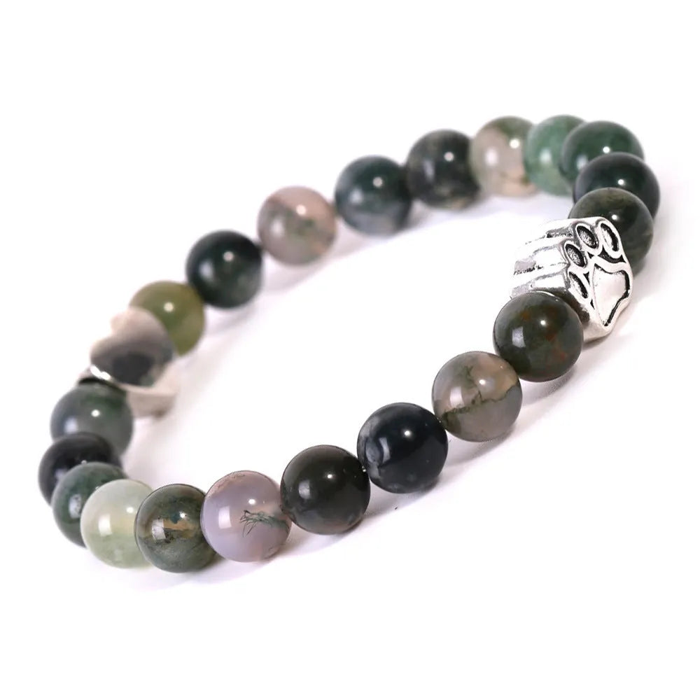 Tigereye Indian agate stone bracelet with dog paw and love heart charms on geometric beaded design