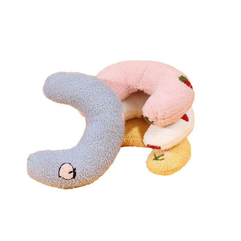 U-shaped half moon pet pillow with cartoon design for dogs and cats in blue colour