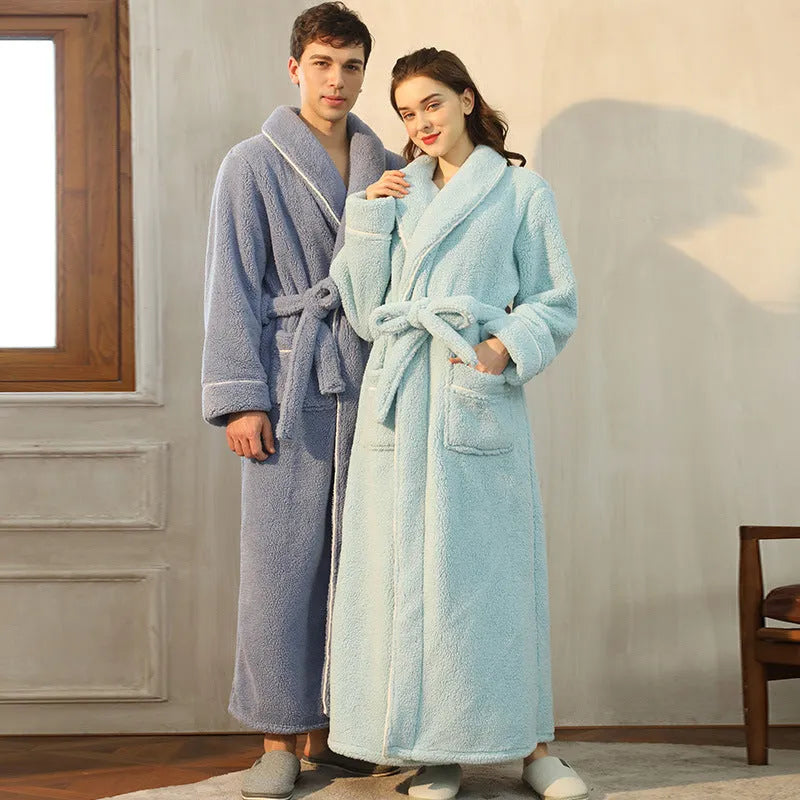 Men's and women's thick flannel bathrobe couple set in winter colours with extended plus sizing