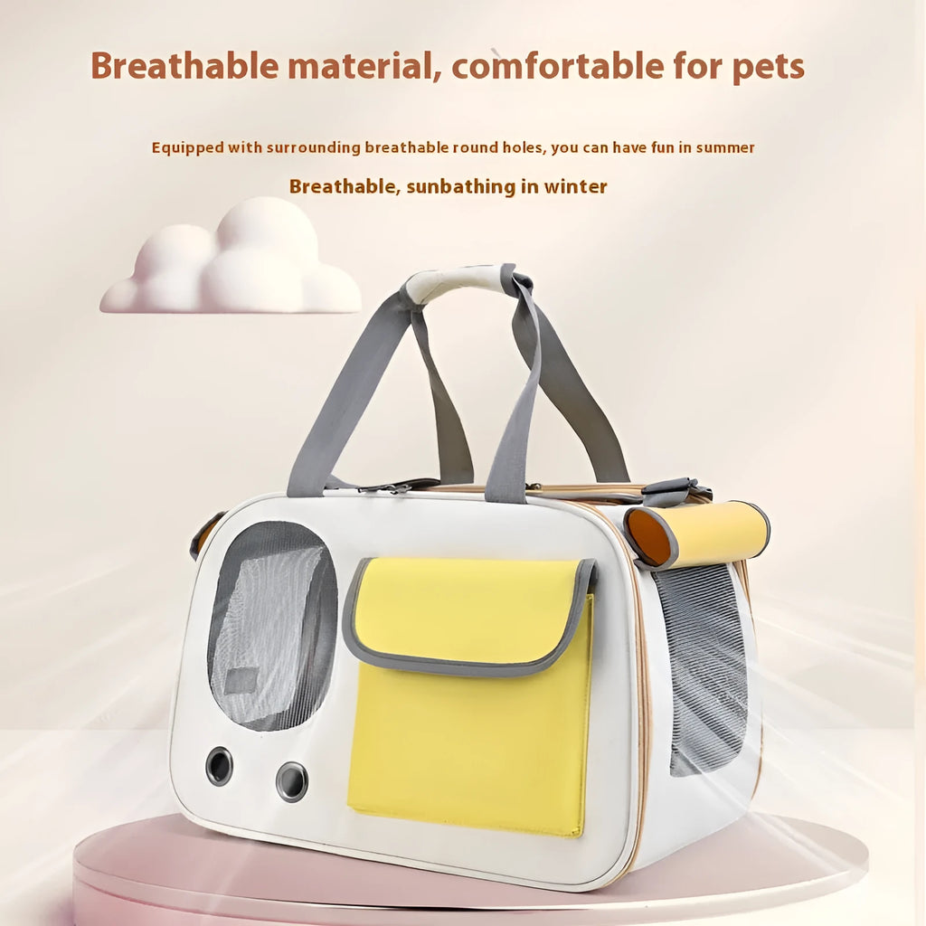 Foldable single shoulder pet carrier backpack in canvas material shown in black colour