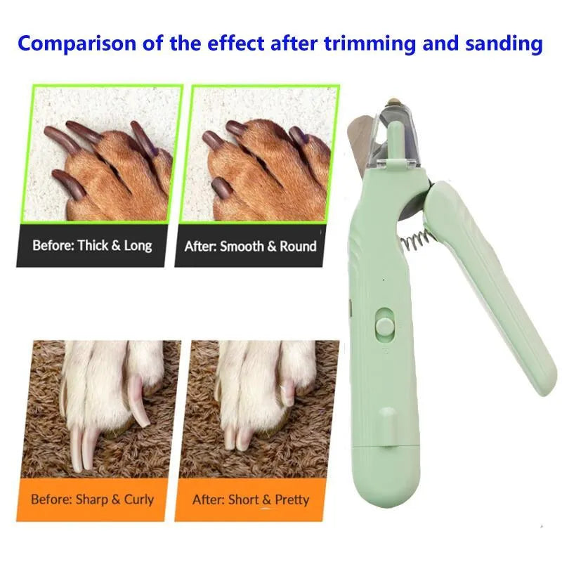 2-in-1 pet nail clipper with LED light and grinder for safe dog and cat nail trimming, white and green