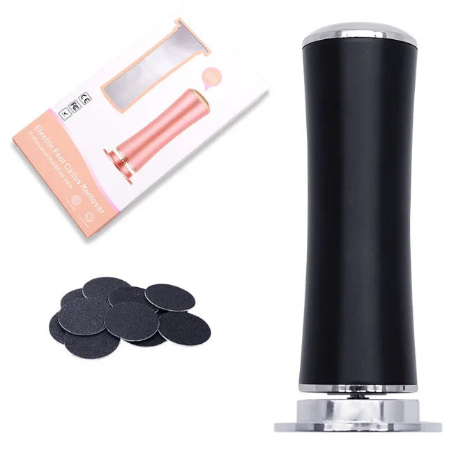 Electric foot callus remover with sandpaper disc attached for removing dead skin and calluses from heels