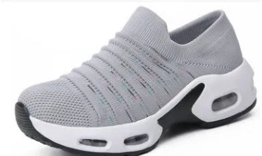 Plus size fly-knit socks shoes with mesh upper and low heel in dark blue colour