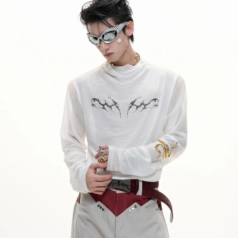 Niche mesh ice-feeling slim bottoming shirt in black, showcasing long sleeves and a trendy fit.