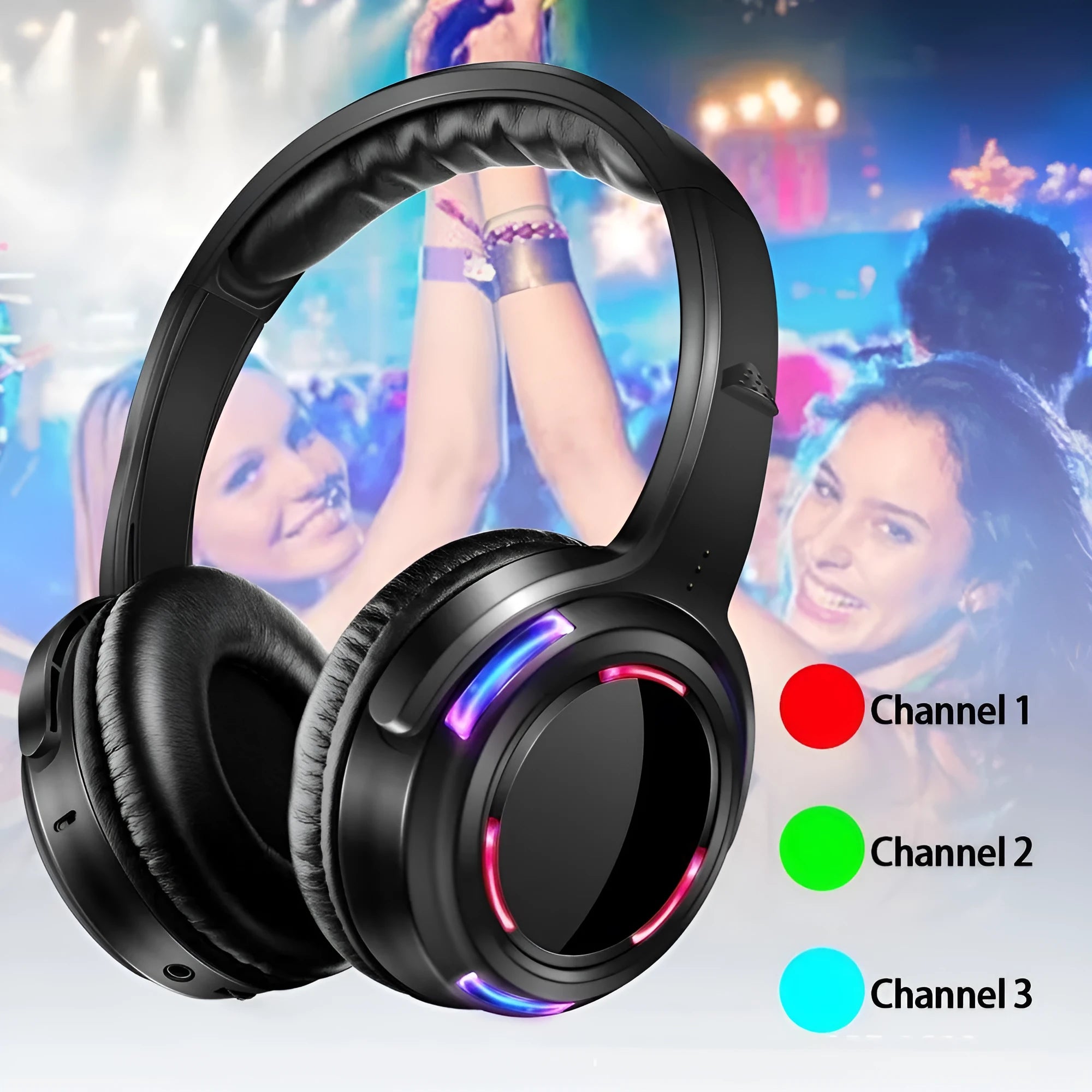 Black silent disco wireless headphones with over-ear design and 3.5mm audio jack on 3 metre cable