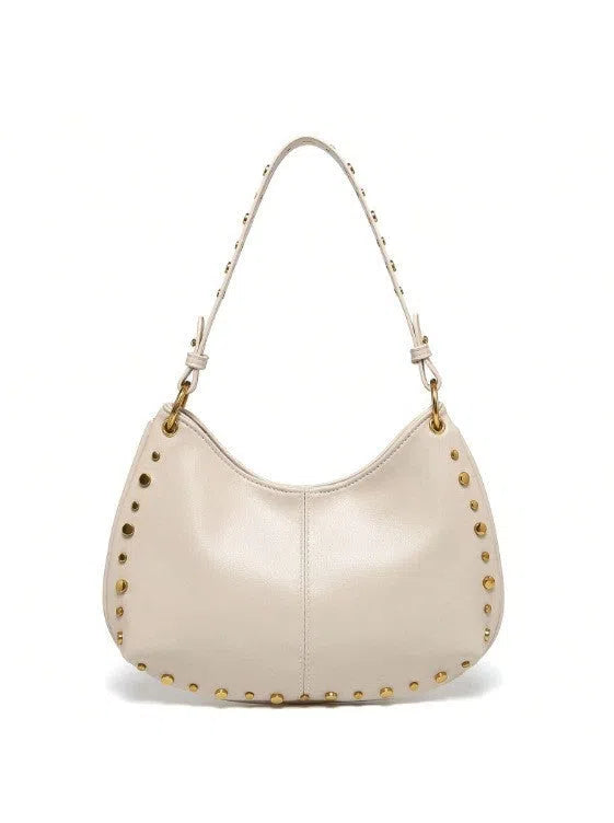 Woman's PU leather dumpling-shaped underarm bag with rivet studs and double straps, in black