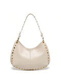 Woman's PU leather dumpling-shaped underarm bag with rivet studs and double straps, in black