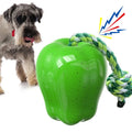Plastic apple-shaped dog chew toy with molar texture and hollow centre for food dispensing.