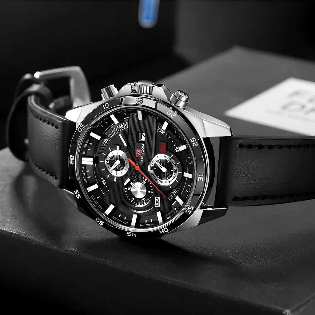 Men's casual quartz watch with business calendar on black leather strap and rose gold case.