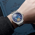 Men's waterproof mechanical watch with stainless steel case, round dial, and butterfly buckle in rose gold colour.