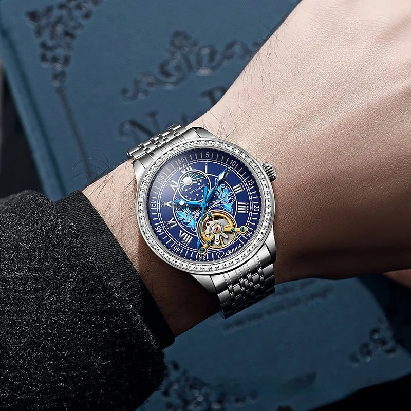 Men's waterproof mechanical watch with stainless steel case, round dial, and butterfly buckle in rose gold colour.