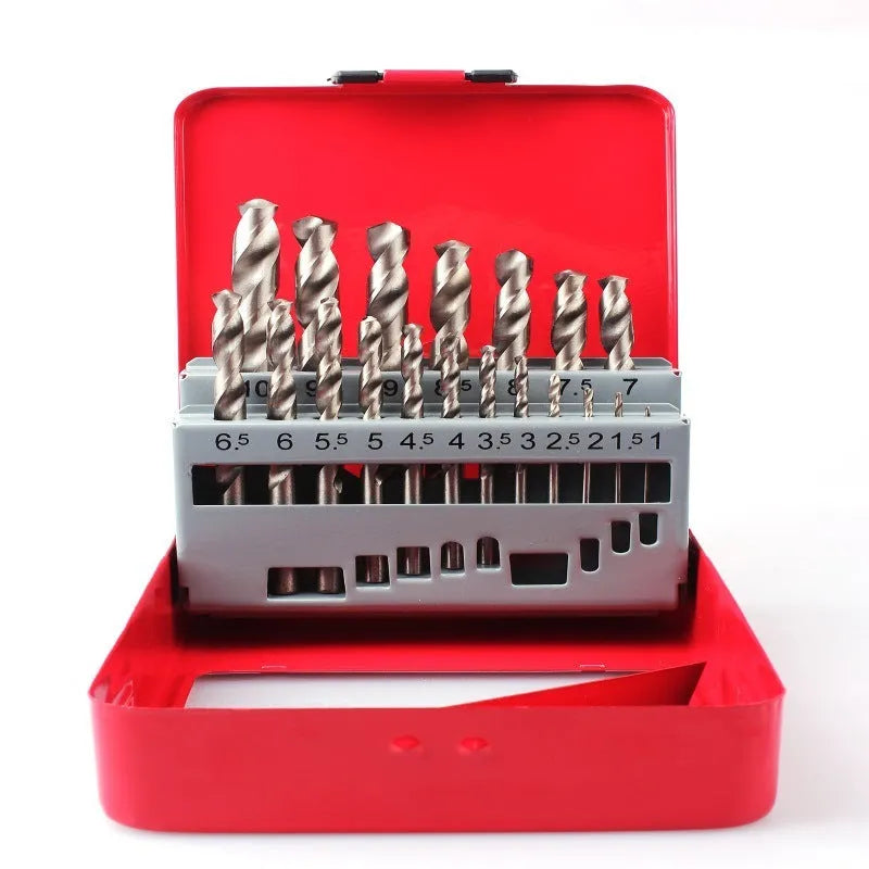 19-piece set of titanium-coated twist drill bits in an iron storage box