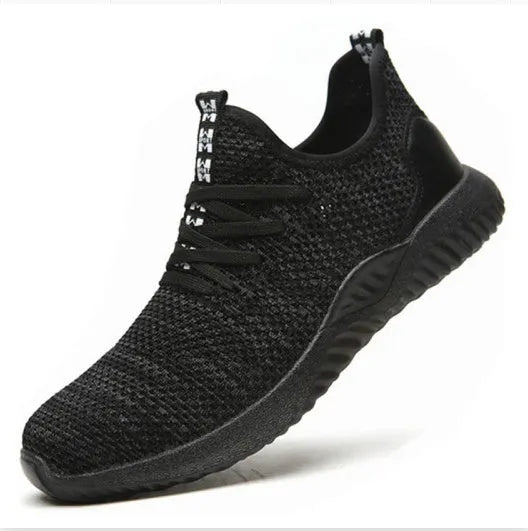 Black low-cut steel toe cap safety work shoes with antistatic EVA sole.