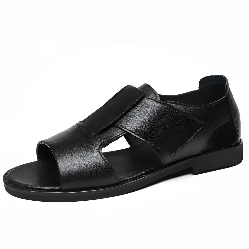 Men's black and brown leather Roman sandals with open-toe design and rubber soles