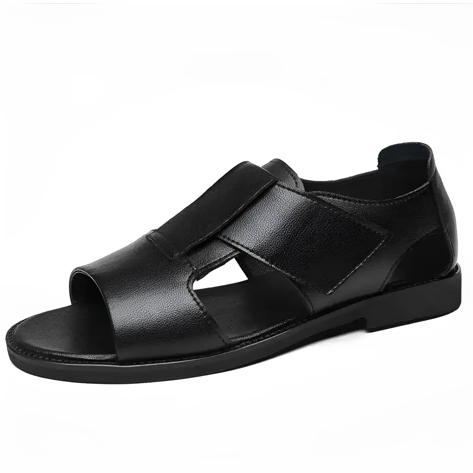 Men's black and brown leather Roman sandals with open-toe design and rubber soles