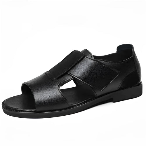 Men's black and brown leather Roman sandals with open-toe design and rubber soles