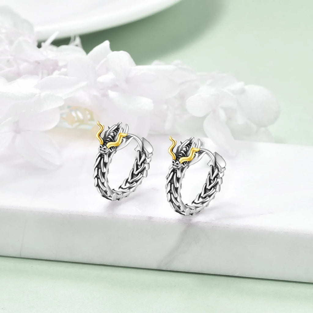 Sterling silver dragon hoop huggie earrings with oxidised finish and gold-plated beard for men