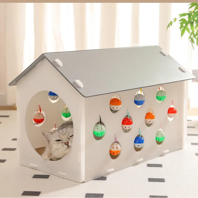 Integrated plastic cat scratch board with nest bed and tunnel containing bell ball