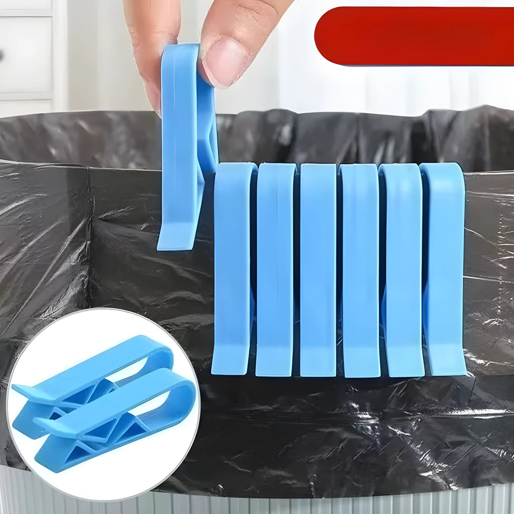 White PP plastic side-fixed clip for holding a bin bag on a trash can rim.