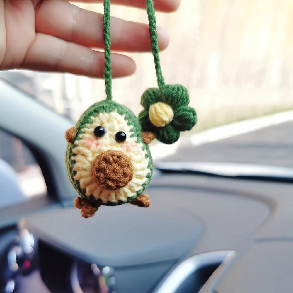 Handmade crocheted avocado rainbow flower car pendant in wool yarn for vehicle interior decoration