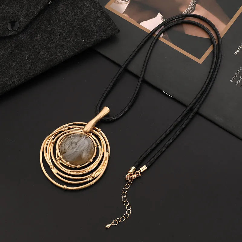 Vintage geometric plaid sweater chain necklace with adjustable snakeskin wax rope in TLN716 gold