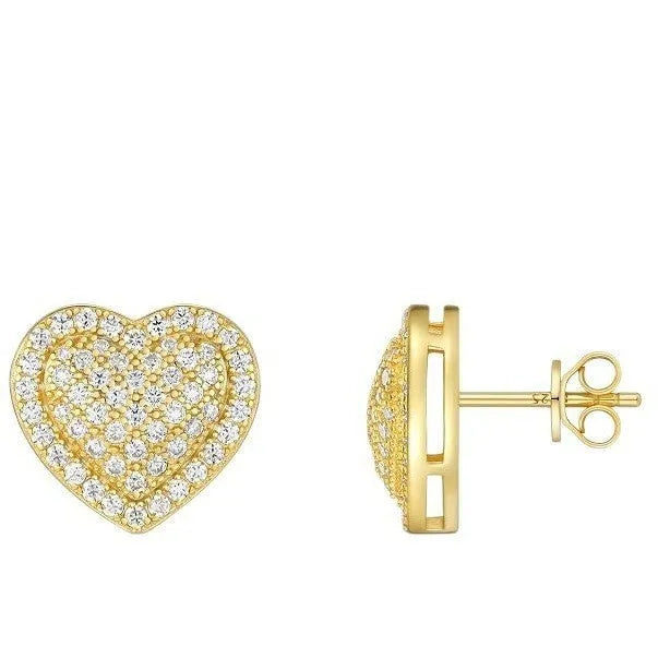 A pair of gold-coloured heart-shaped hoop stud earrings with moissanite stones on S925 sterling silver posts.