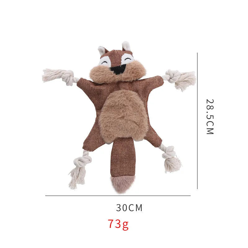 Brown fox plush dog toy with embroidered eyes, cotton rope arms and legs with knots