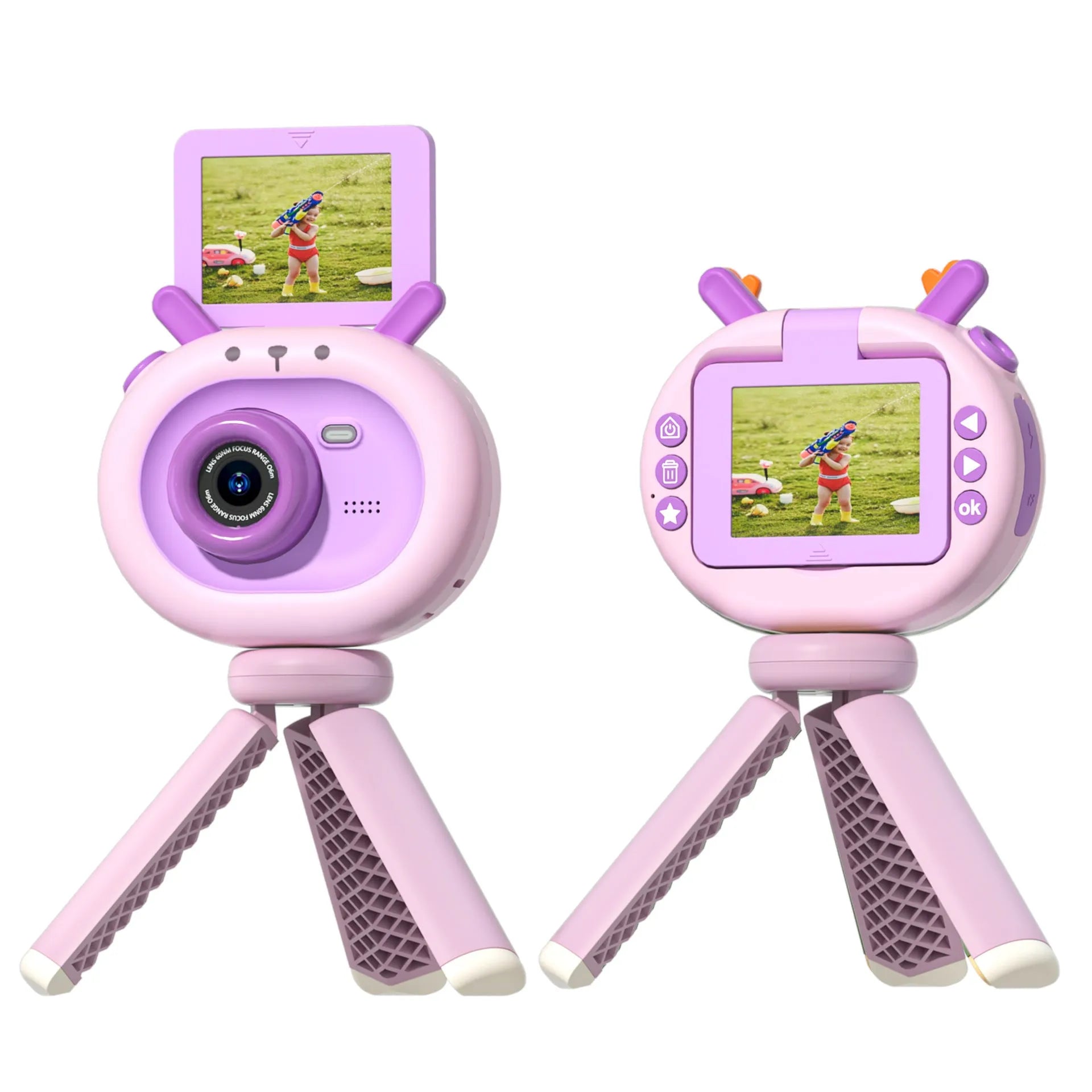 Purple and dark green children's digital camera with flip screen, silicone case, and lanyard