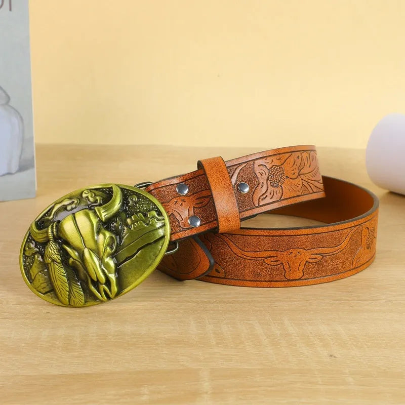 Cow head buckle men's imitation leather belt in black and brown colour options showing decorative alloy buckle detail