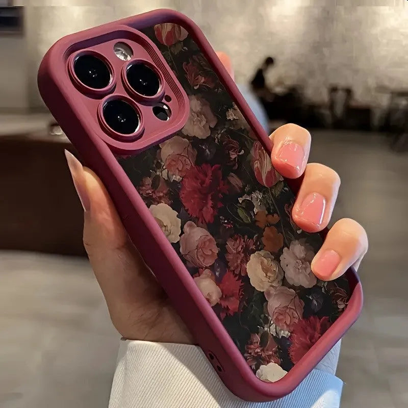 Rose bamboo ladder pattern TPU phone case in wine red for iPhone, showing full-screen edge and frosted back.