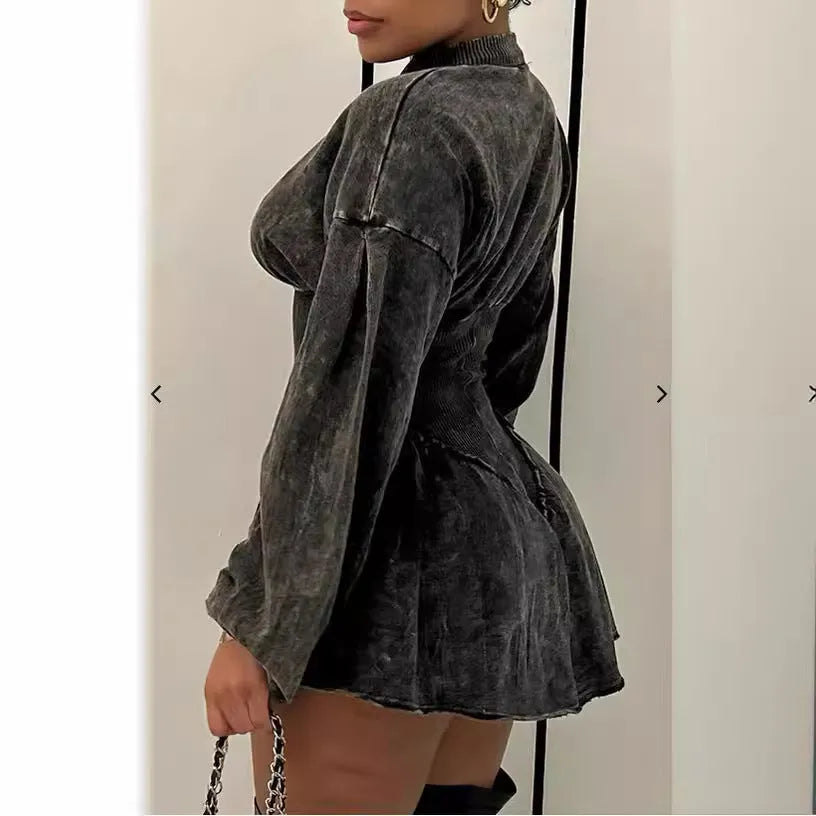 Grey digital print women's dress with drawstring waist and long sleeves on Asian model