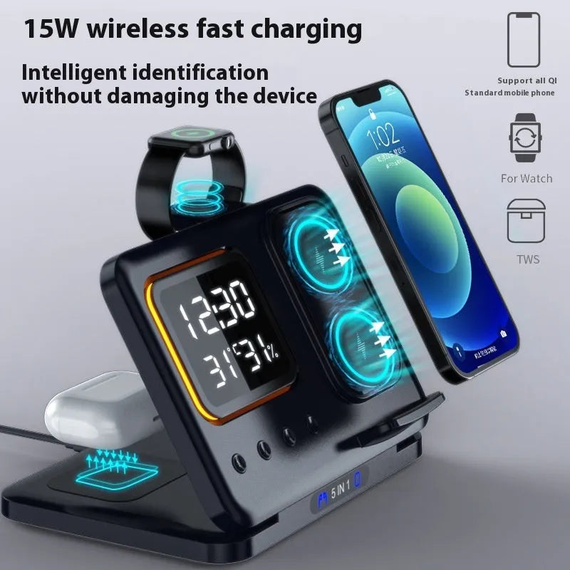 Black wireless charging station showing phone and watch charging with LED display showing time and temperature