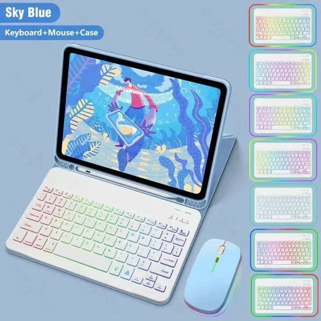 iPad in a colourful TPU leather case with a built-in luminous RGB backlit Bluetooth keyboard and stand open.