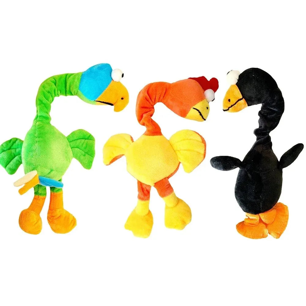 Squeaky screaming chicken dog chew toy in black, green, and orange rubber.