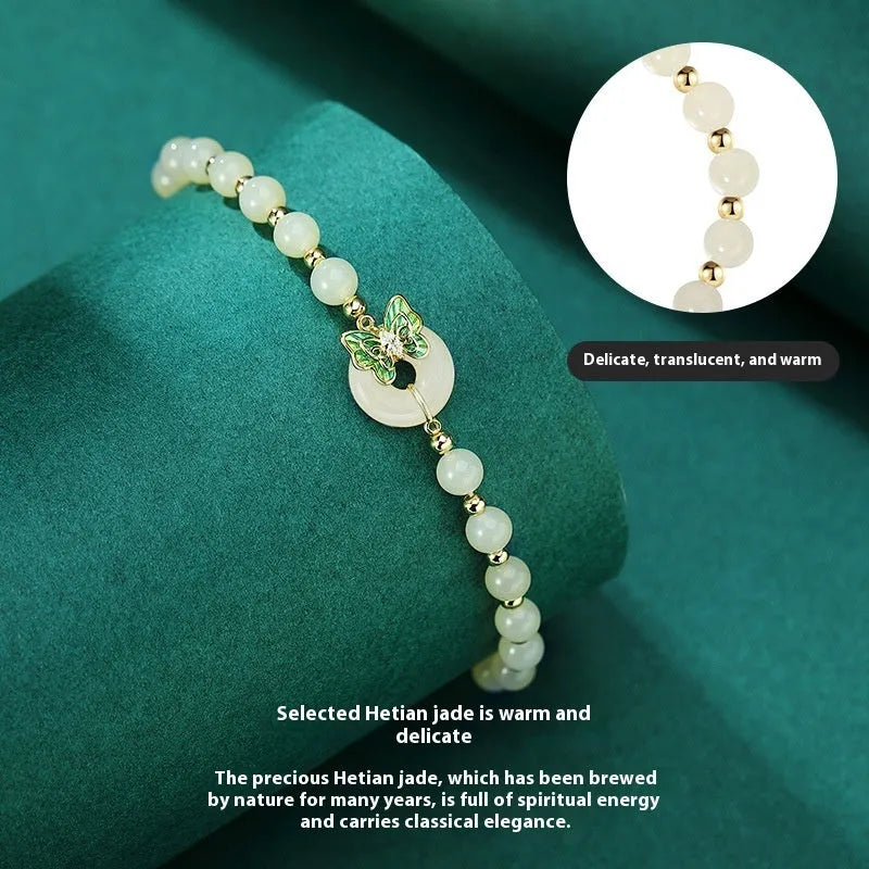 Hetian jade bracelet butterfly design cyan sterling silver inlay 6mm women's light luxury